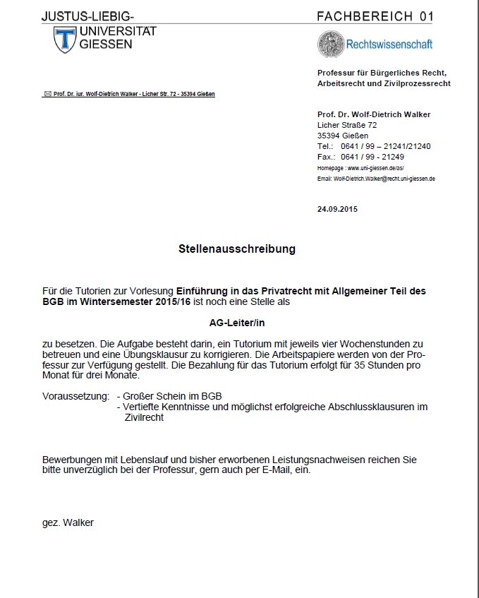 Stellenausschreibung Tutorin Tutor WS 1516 Walker