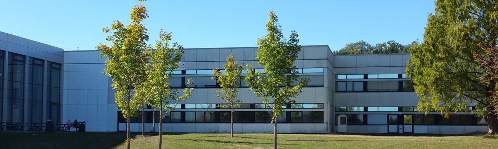 Slider: Hörsaalgebäude mit Bäumen