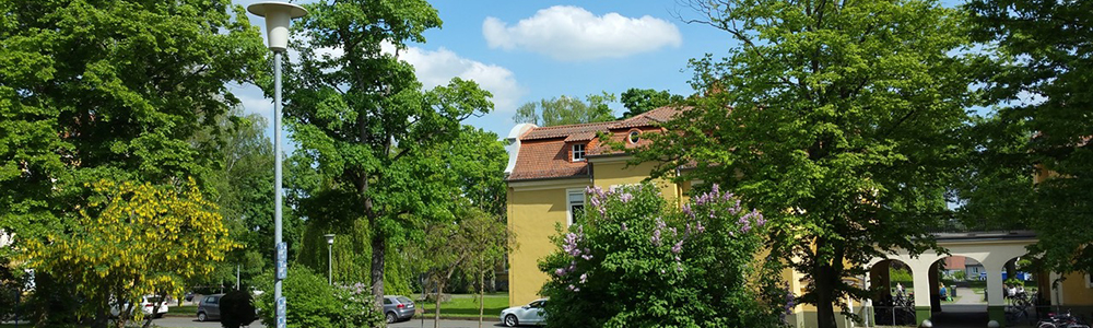 Slider: Gebäude auf dem JuWi-Campus mit Bäumen