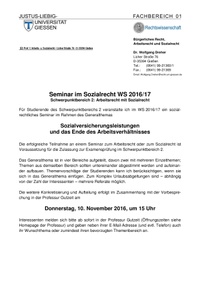 Seminarankündigung Seminar im Sozialrecht Dreher WS 16/17 Bild