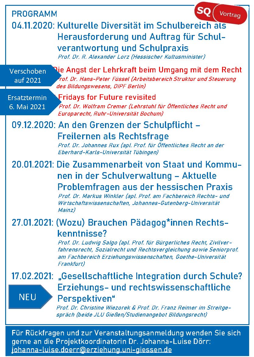 Flyer Vortragreihe Aktuelle Fragen des Bildungs- und Jugendrechts (S. 2) - Termine