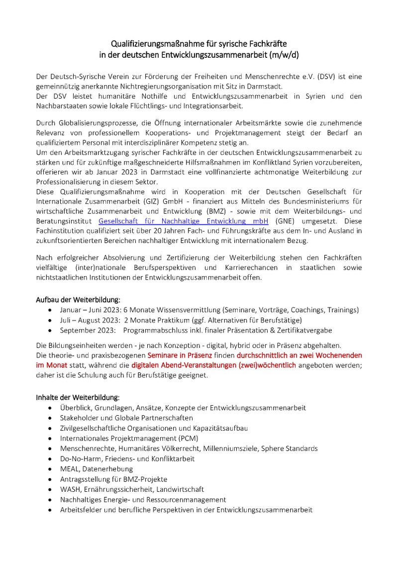 Qualifizierungsmaßnahme für syrische Fachkräfte in der deutschen Entwicklungszusammenarbeit (m/w/d)