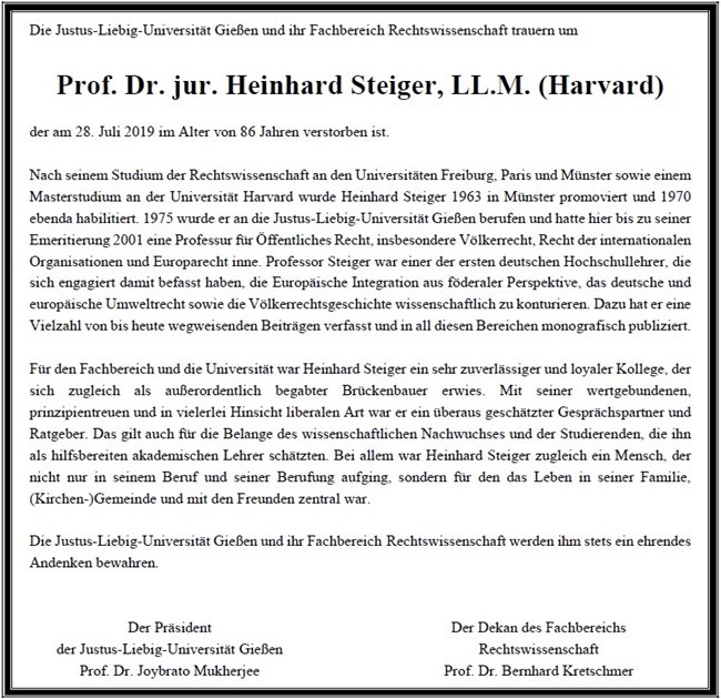 Traueranzeige Prof. Dr. Heinhard Steiger
