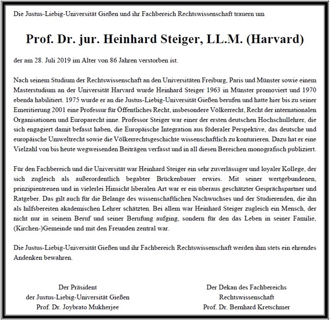 Traueranzeige Prof. Dr. Heinhard Steiger