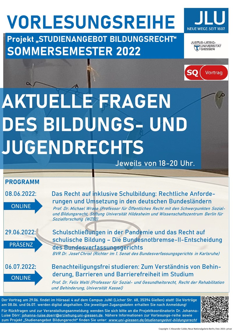 Vorlesungsreihe "Aktuelle Fragen des Bildungs- und Jugendrechts" im Sommersemester 2022