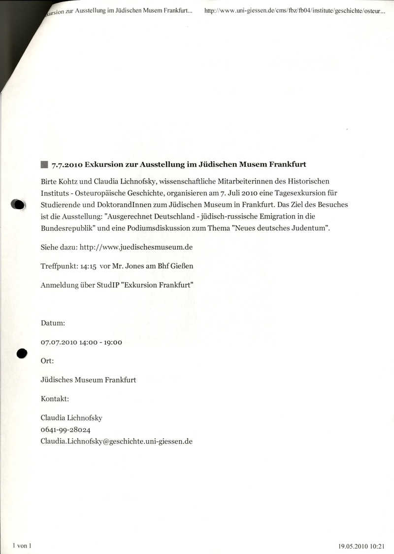 Ankündigung und Beschreibung der Exkursion