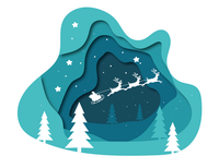 A drawing in which a Santa Claus sleigh flies over a winter landscape.