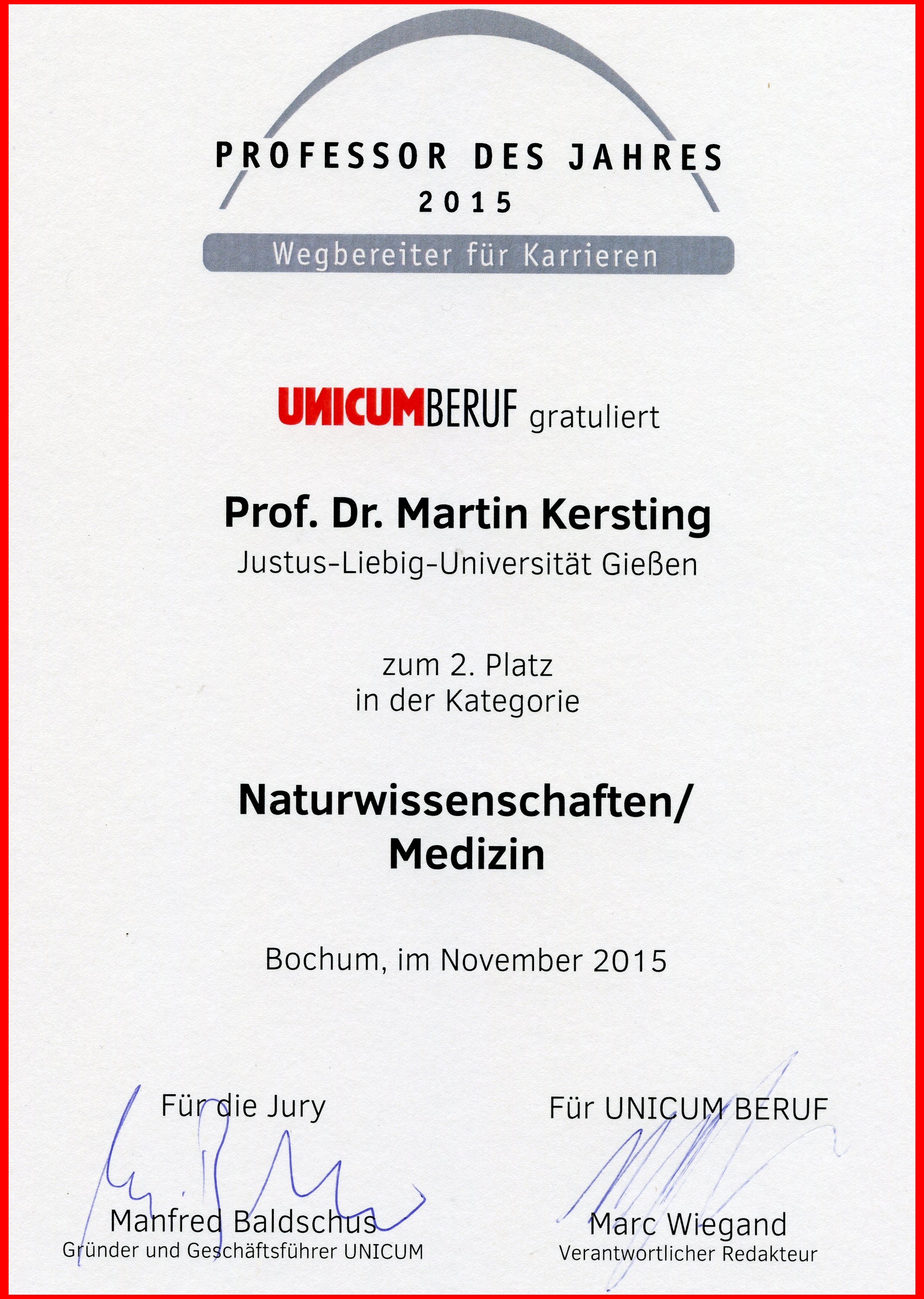 Auszeichnung Prof. Martin Kersting