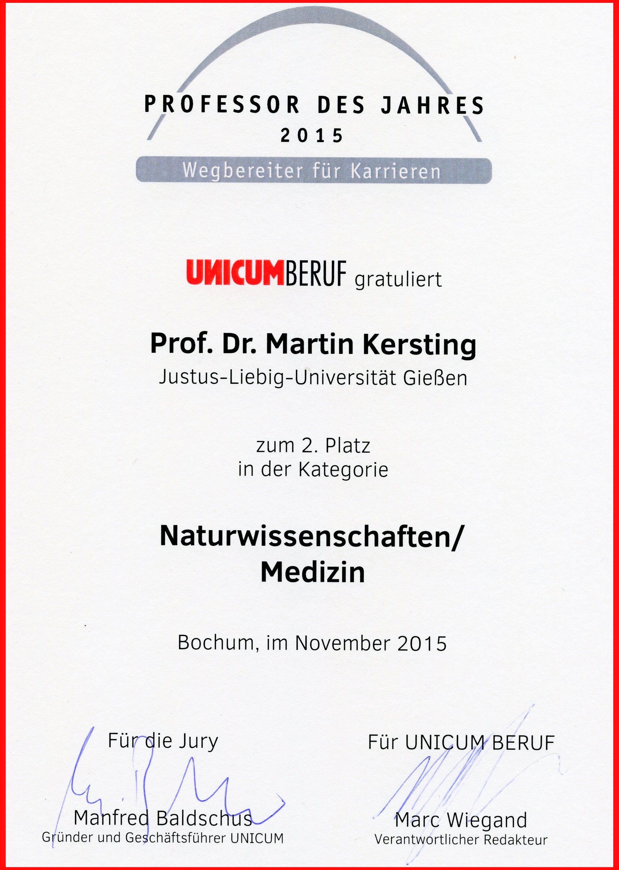 Auszeichnung Professor des Jahres 2015
