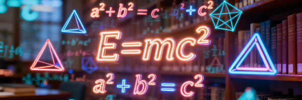 Bannerbild_Mathematik-Studium Dekobild Mathematik Formel Neonfarbe vor Buecherschrank