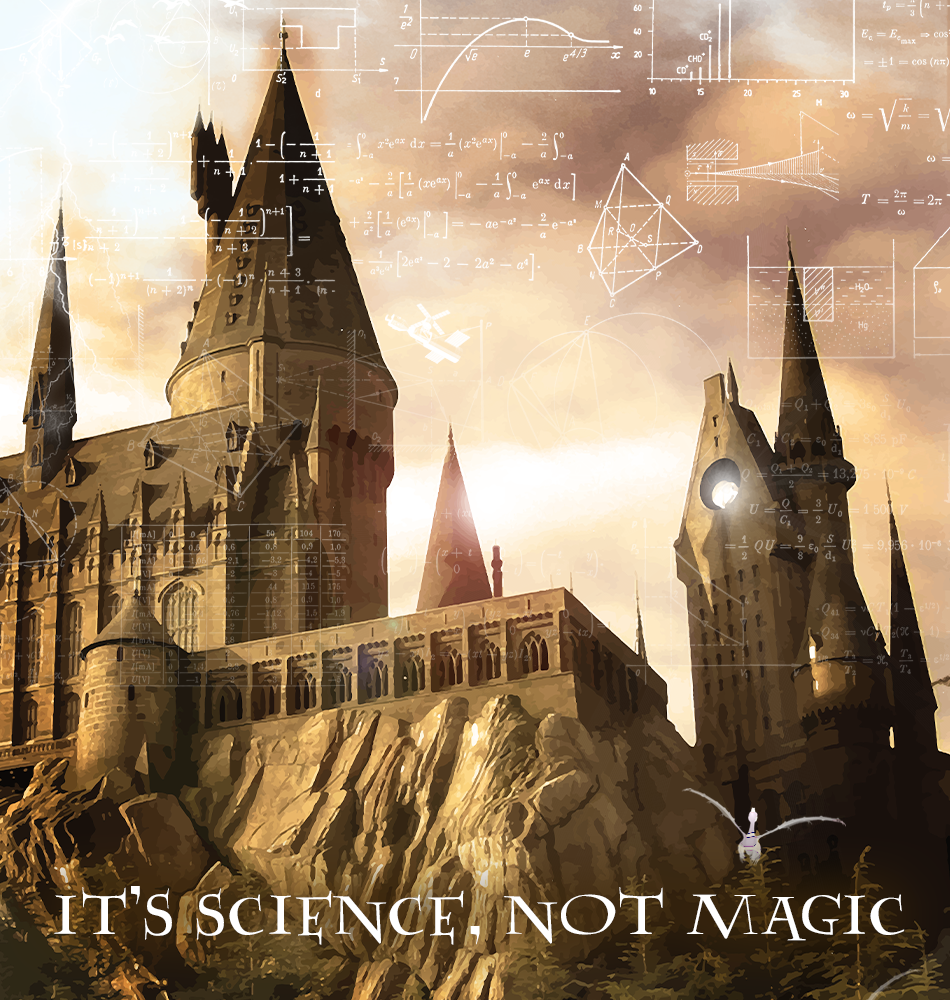 A magic castle is the depicted in this new scene. On the background, a light cloudy sky and formulas. The claim is: "it's science, not magic".