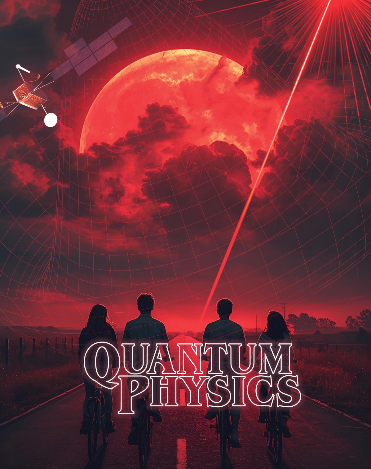 Vorkurs Physik - Visual Graphics 2025 - Fachgebiet Physik | FB07 | JLU A group of young people, viewed from the back. They are staring at a red, cloudy sky, with a satellite on the left hand side top corner, a quantum hat and a red laser. The style recalls "Stranger Things" series.