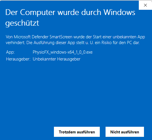Windows Warnung bei Installation PhysioFX 2