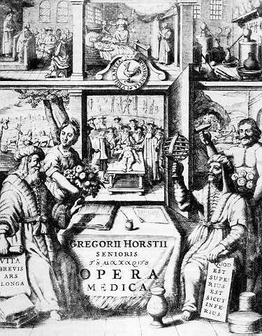 Titelkupfer aus den posthum erschienenen "Opera Medica" von Gregor Horstius, Gouda 1661