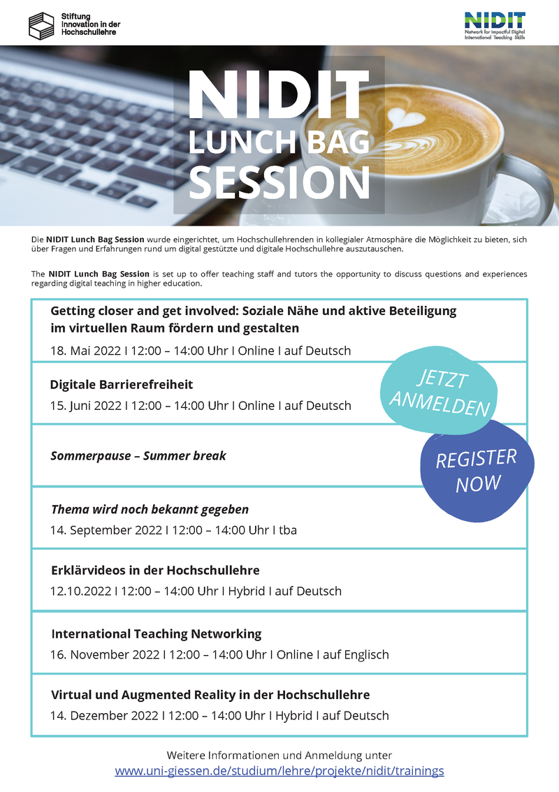 Flyer zu den NIDIT Lunch Bag Sessions 2022 zum Austausch von Erfahrungen und Fragen zu digitaler Hochschullehre