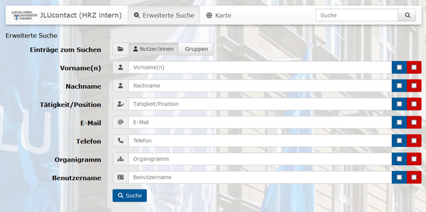 Screenshot der Eingabemaske für die Detailsuche in JLUcontact