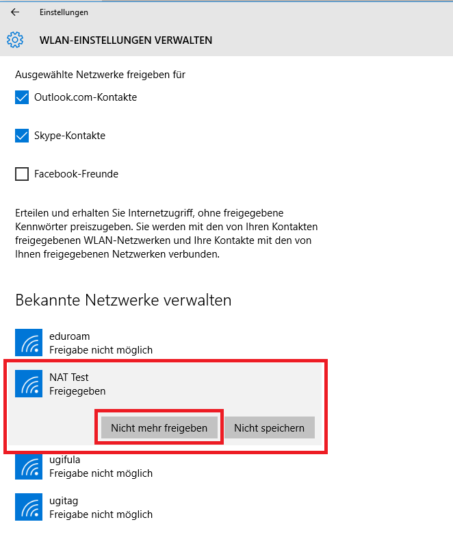 Windows 10: Rücknahme Kontaktfreigabe