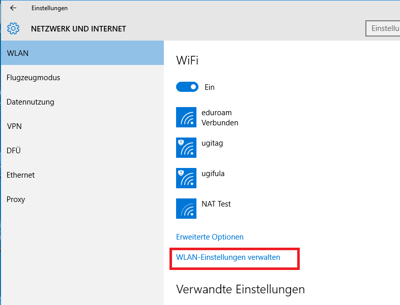 Windows 10: WLAN Grundmenü