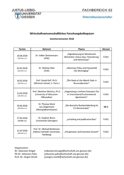 Programm Vortragsreihe Wiwi Forschungskolloquium
