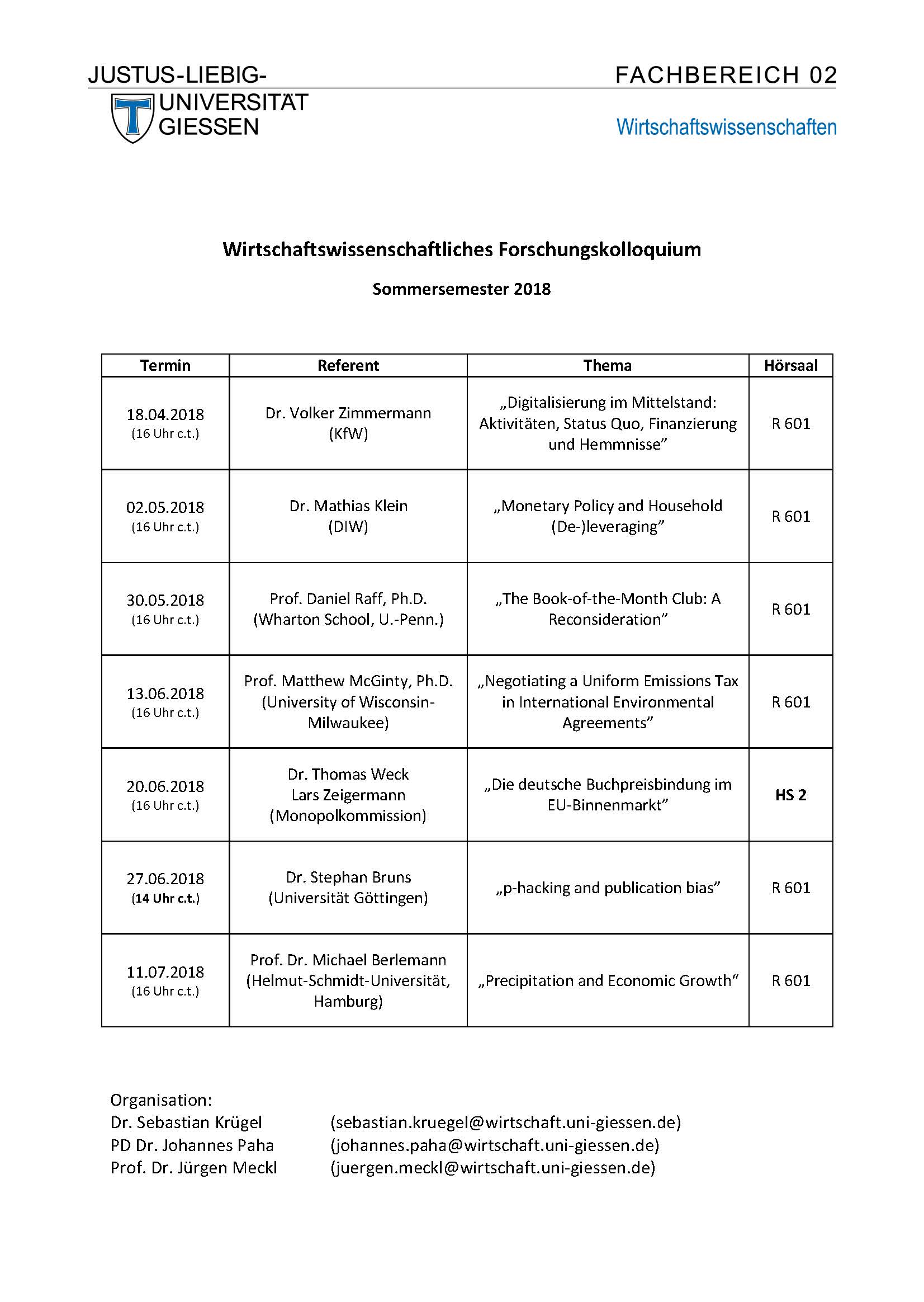Programm Vortragsreihe Wiwi Forschungskolloquium