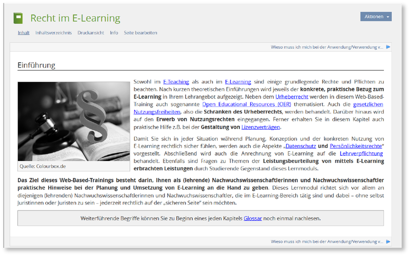Sie sehen die Startseite des digitalen Lernmoduls zum Thema Recht im E-Learning
