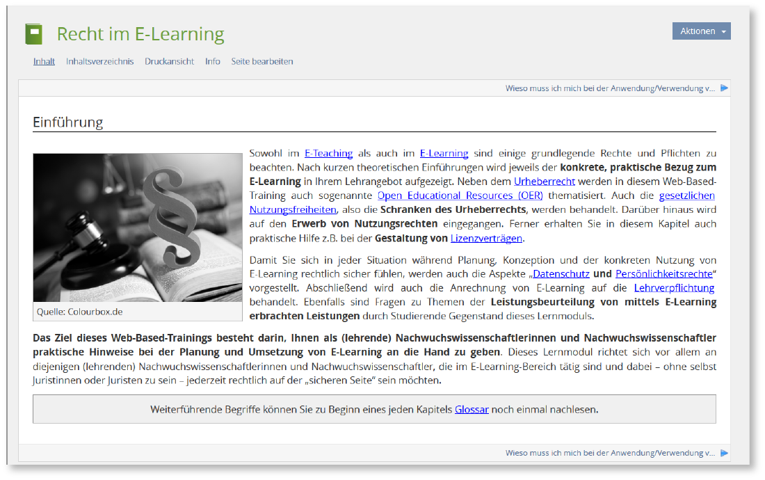 Sie sehen die Startseite des digitalen Lernmoduls zum Thema Recht im E-Learning