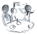 Zeichnung von Lehrenden an einem Tisch
