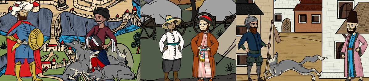Drei nebeneinander angeordnete Szenen in historischem Comicstil:  Links: Ein Mann in roter Kleidung mit Schild und Schwert steht vor Stadtmauer und Tieren.  Mitte: Zwei Personen in traditioneller Kleidung mit Tieren und Wagen im Hintergrund.  Rechts: Zwei Männer in bunter Kleidung stehen in einer Stadtgasse, einer hält eine Lanze, ein Hund liegt am Boden.