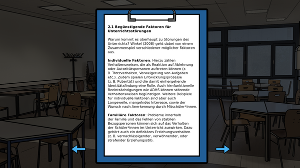 Blaues Klemmbrett mit dem Titel „2.1 Begünstigende Faktoren für Unterrichtsstörungen“. Darunter ein erklärender Text: „Warum kommt es überhaupt zu Störungen des Unterrichts? Unterrichtsstörungen sind vielschichtig und entstehen aus einem Zusammenspiel individueller, familiärer und schulischer Faktoren. Es kann viele Gründe geben, warum Schülerinnen und Schüler den Unterricht stören.“ Zwei Bereiche: 1. Individuelle Faktoren: Hierzu zählen persönliche Eigenschaften und Verhaltensweisen der Kinder, zum Beispiel ein starkes Bedürfnis nach Aufmerksamkeit, geringe Frustrationstoleranz oder Schwierigkeiten im Sozialverhalten. Auch emotionale Probleme oder Lernschwierigkeiten können eine Rolle spielen. 2. Familiäre Faktoren: Dazu gehören Einflüsse aus dem häuslichen Umfeld – etwa ein Mangel an Unterstützung, Konflikte in der Familie, fehlende Strukturen oder belastende Lebensumstände. Elterliche Erziehungsstile, fehlende Kommunikation und inkonsequentes Verhalten können ebenfalls Unterrichtsstörungen begünstigen. Der Text endet mit einem Hinweis, dass Lehrkräfte diese Hintergründe kennen sollten, um Störungen angemessen einordnen und pädagogisch darauf reagieren zu können.