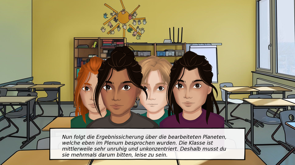 Vier Schüler*innen stehen im Klassenzimmer in einer Reihe. Vorne links ein Mädchen mit dunkler Haut und schwarzem, hochgestecktem Haar; daneben ein Kind mit heller Haut und kurzen blonden Haaren; rechts ein Mädchen mit heller Haut, braunem Haar und Zopf; hinten eine Schülerin mit heller Haut und rötlichem Haar. Text im Bild: „Nun folgt die Ergebnissicherung über die bearbeiteten Planeten… Die Klasse ist sehr unruhig und unkonzentriert. Deshalb musst du sie mehrmals darum bitten, leise zu sein.“