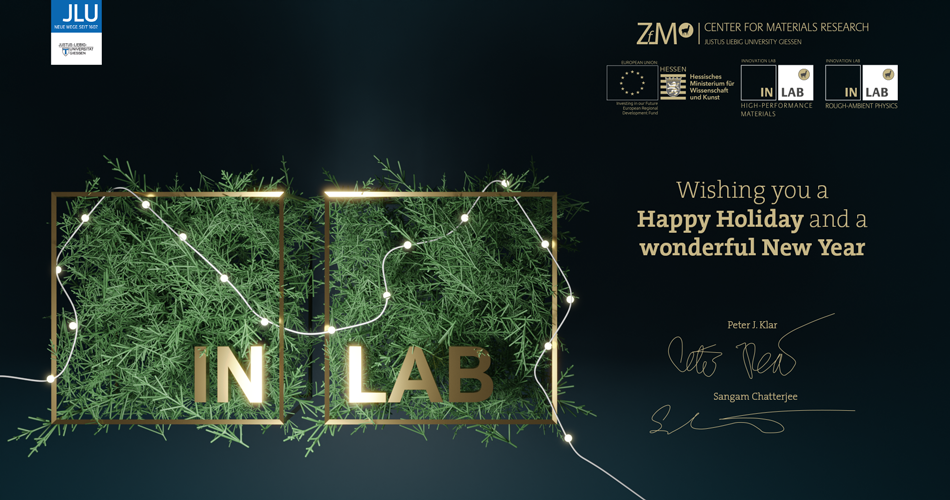 INLAB Christmas Card 2023 - Two golden wireframed cubes filled with fir branches, brightned with little christmas light