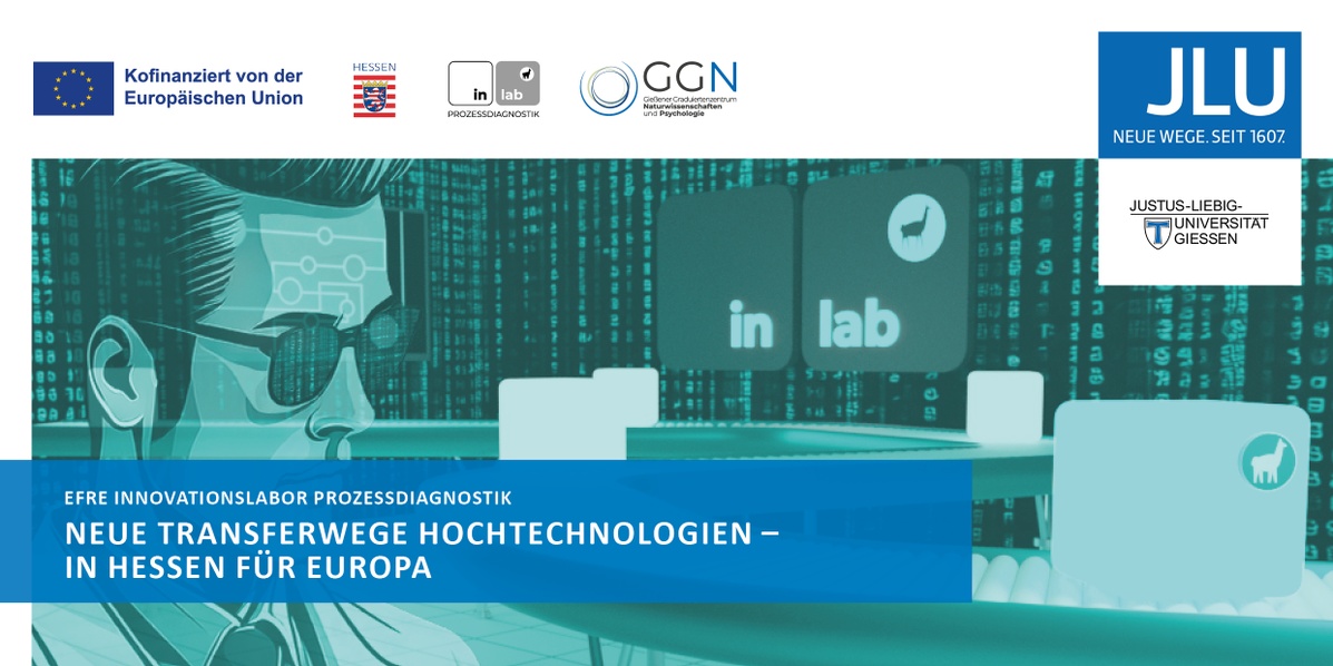Titelgrafik der Veranstaltung „Neue Transferwege in Hochtechnologien – in Hessen für Europa“ des EFRE-Innovationslabors Prozessdiagnostik an der Justus-Liebig-Universität Gießen.