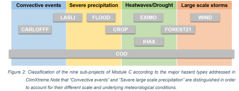 You see the classification of the nine sub-projects of Module C according to the major hazard types addressed in Climxtreme note that "convective events" and "severe large scale precipitation" are distinguished in order to account for their different scal