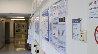 Laboratory corridor with scientific posters