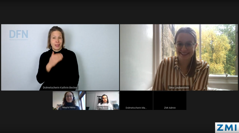 Bildschirmfoto des Livestreams mit Gebärdendolmetscherin Kathrin Becker und Marie Kohlen, Sina Laubenstein, Mayra Heinz und Liza Beci