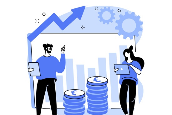 Fördermittelgeber A stylized image of two people with digital devices in an environment featuring research-related symbols and stacks of coins.