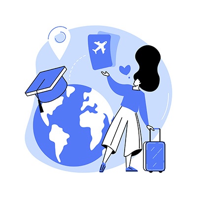 Icon Akademisches Auslandsamt Ein stilisiertes Bild einer Person mit Reisekoffer vor einer Erdkugel, die einen Absolventenhut trägt