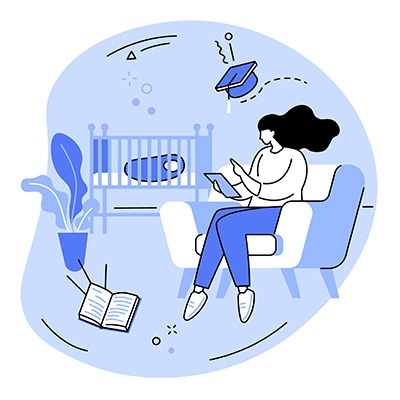 Icon BfC Ein stilisiertes Bild einer Person in einem Wohnbereich sitzend zwischen einem Säugling, einem Absolventenhut und einem Buch.