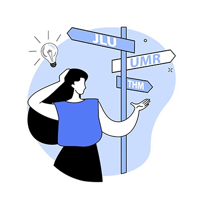 Icon FCMH Ein stilisiertes Bild einer nachdenklichen Person vor einem Wegweiser mit den drei Aufschriften "JLU", "UMR" und "THM". Über ihrem Kopf leuchtet eine Glühbirne