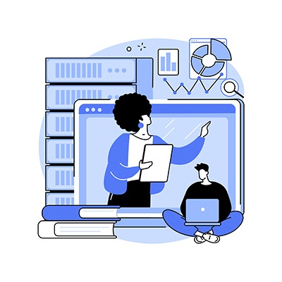 Icon Forschungsdatenmanagement Ein stilisiertes Bild zweier Personen mit digitalen Geräten in einer Umgebung, die forschungsbezogene Symbole zeigt.