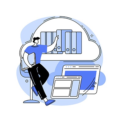 Icon Forschungsinformationssystem Ein stilisiertes Bild einer Person, die einen Ordner greift neben zwei digitalen Oberflächen.