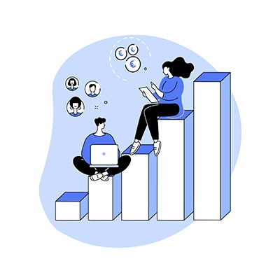 Icon Postdoc Career and Mentoring Office Ein stilisiertes Bild zweier Personen, die auf einem aufsteigenden Balkendiagramm sitzen und kleine Kreise mit Gesichtern und Währungssymbolen neben sich schwebend haben.