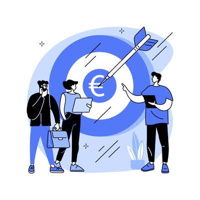 Icon Stabsabteilung Forschung Das stilisierte Bild dreier Personen, die vor einer Zielscheibe steht, mit einem Euro-Zeichen in der Mitte.