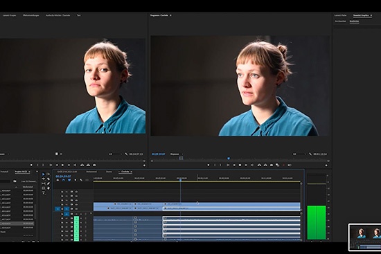 Zentrum für Medien und Interaktivität Die Oberfläche einer Videobearbeitungssoftware mit zwei unterschiedlichen Frames derselben Person
