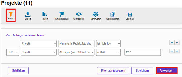 AAA Filterbeispiel PPP Es ist ein Screenshot mit dem Filterbeispiel für das Programm Projektbezogener Personenaustausch zu sehen.