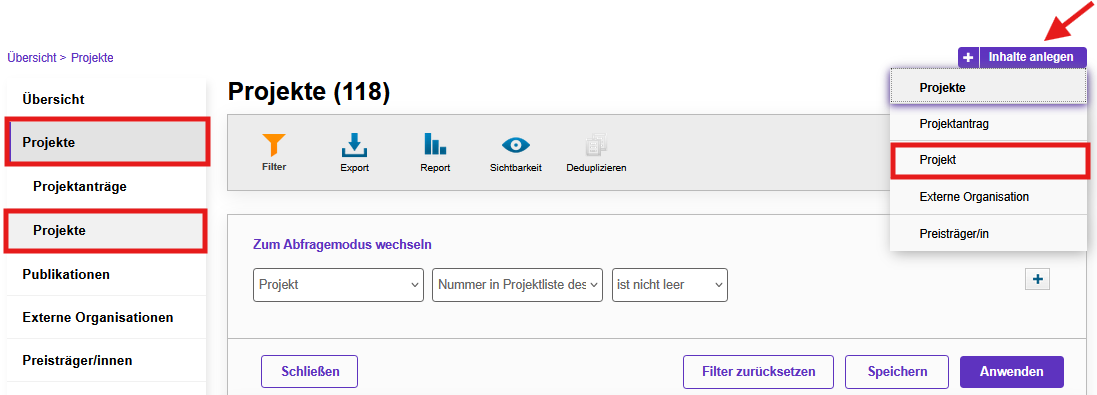 AAA Projekte anlegen