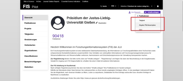 Abgabe Pflichtexemplare Screenshot mit dem Auswahlmenü wo die Abgaben von Pflichtexemplaren gefunden werden kann