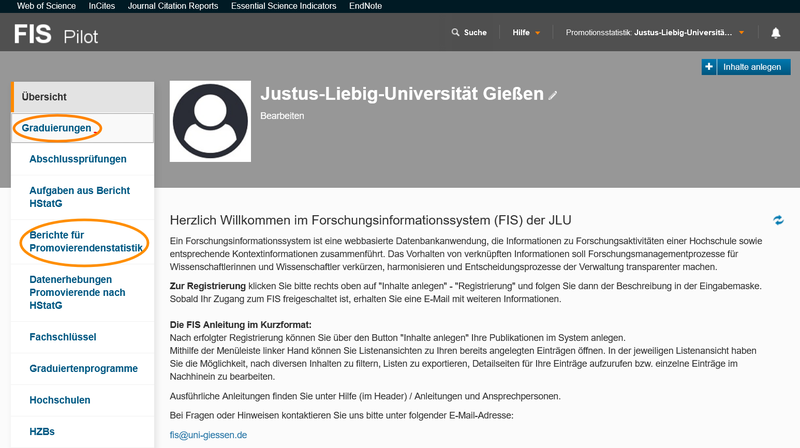 Übersichtsseite FIS Promotionsstatistik