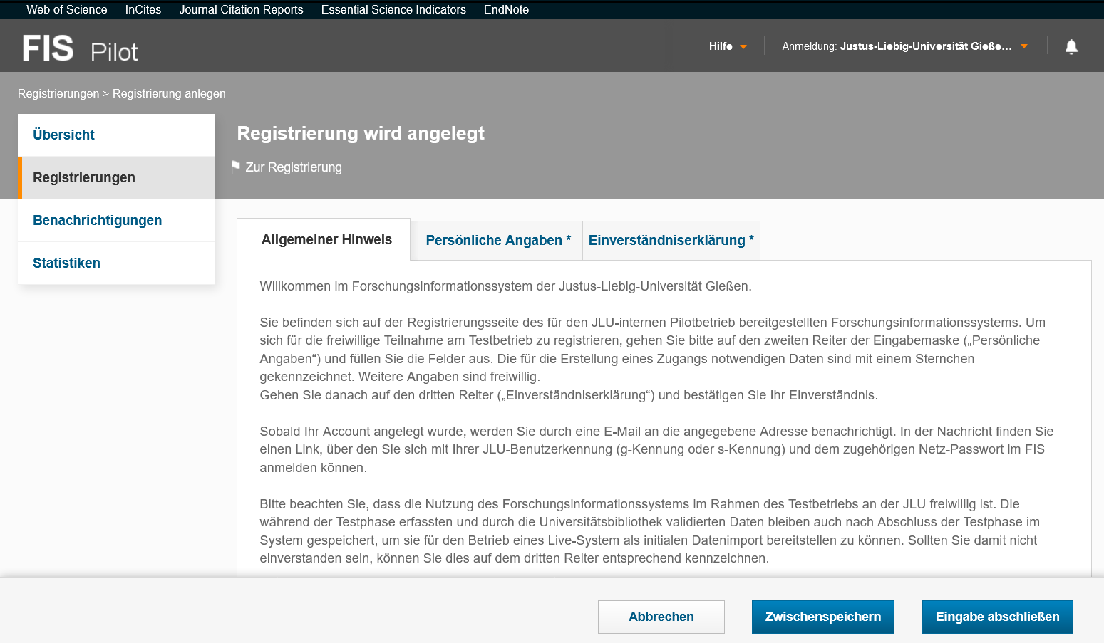 Eingabemaske Registrierung