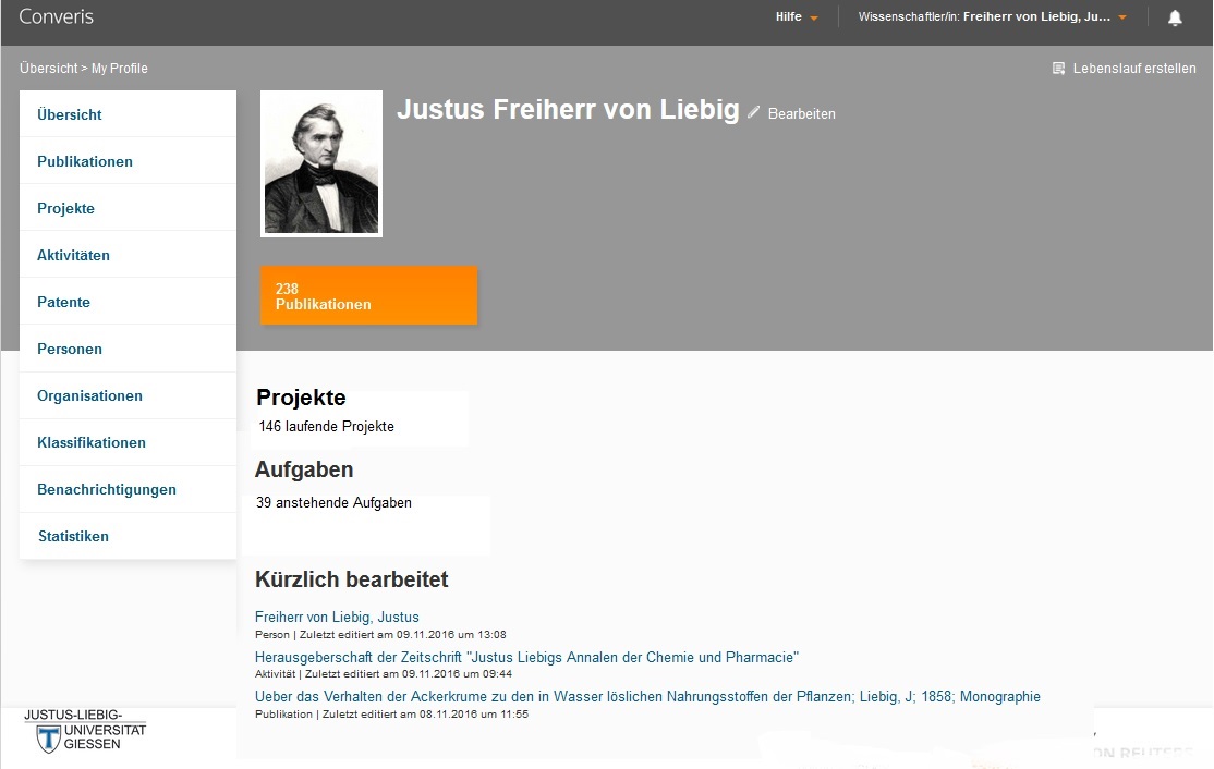 Bildschirmansicht Converis FIS